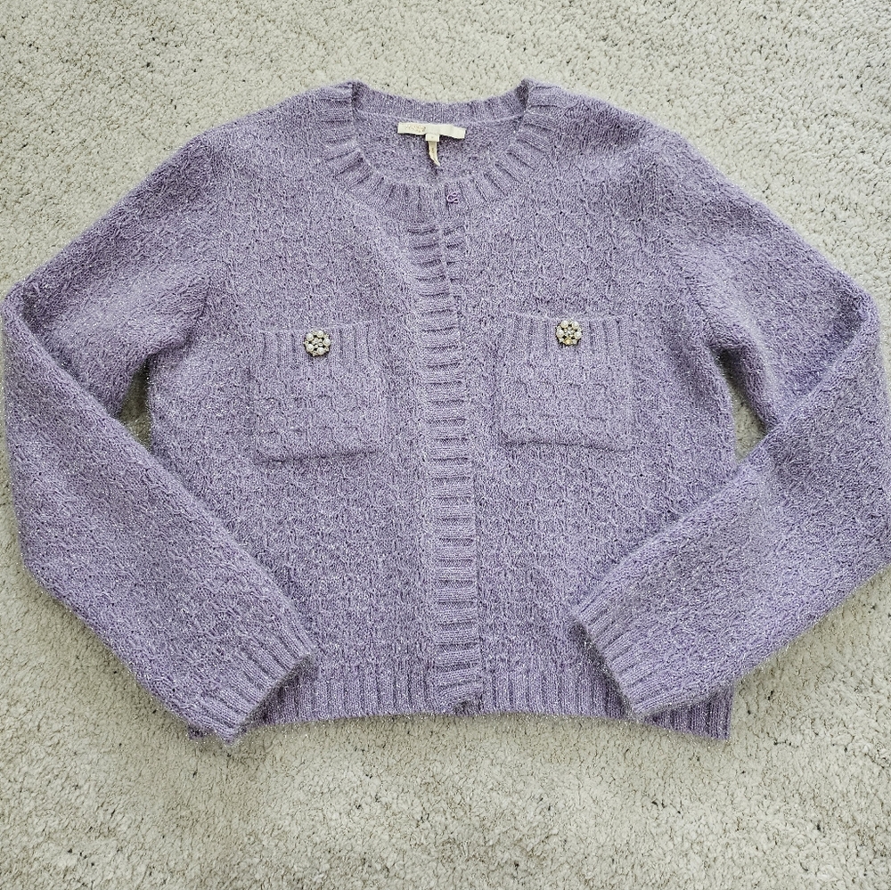 Maje Purple Sparkly Knit Cardigan With Pearl/Crystal Button